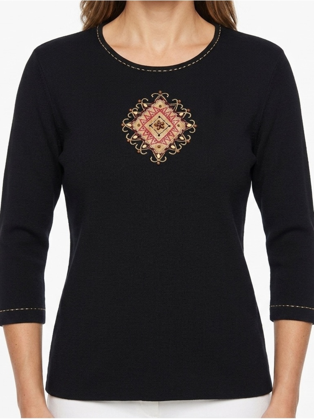 Alfred Dunner Black 3/4 Sleeve Top with embroidery and beading